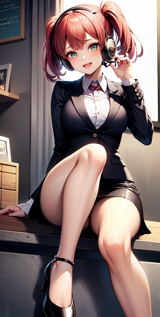 ​masterpiece, 1girl ((20year old, dressed in a tight red business suit, business suit jacket, tight white shirt, tight knee length business skirt, high heels, medium breasts, multicolor pink hair, twin ponytails, perfect model body, green eyes:1.5, flirting, happy, big smile, wearing headphones, looking at viewer, sitting in a modern business office suite:1.2, with windows in the background:1.3, professional and casual atmosphere:1.2)) ((solo:1.6))