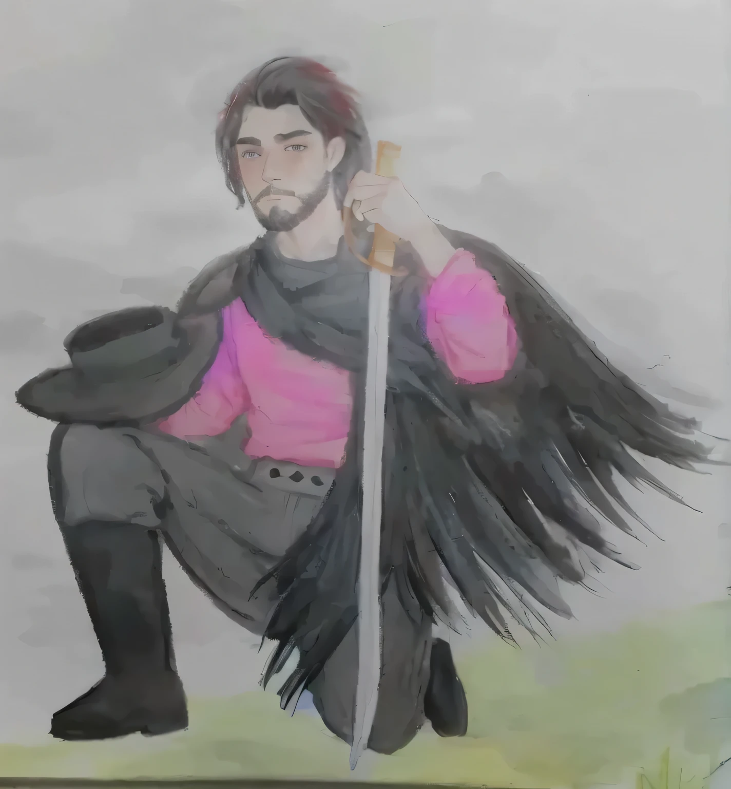 desenho de um nativo Gaucho, homem com red shirt, bomber pants, Gaucho, black poncho scarf, hat and beard, red shirt, with your black hair, water colour, pastel art, colourful drawing, colored pencil drawing
