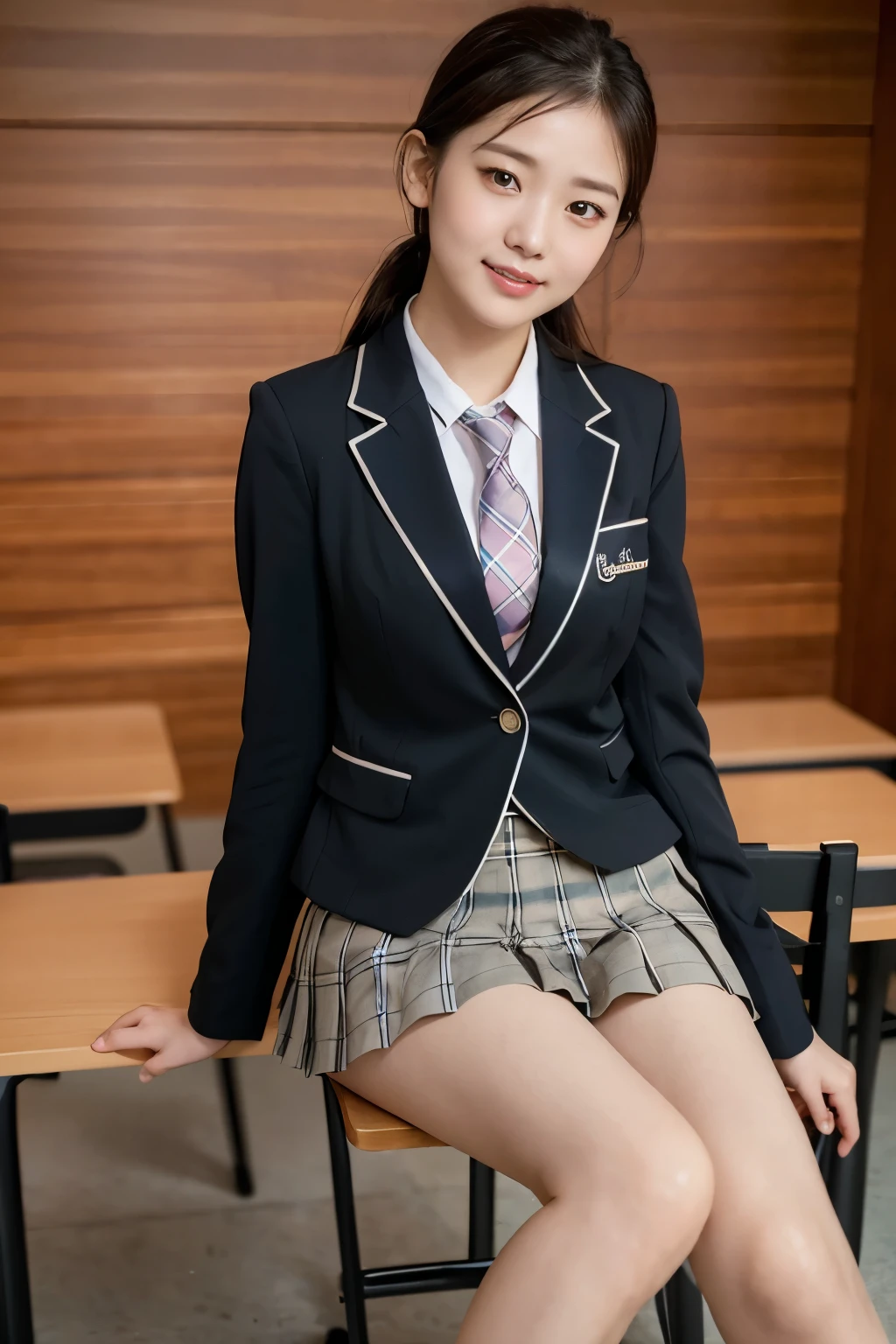 (8k), (highest quality: 1.2), (Realistic), (Realistic: 1.37), Ultra-high resolution, (1 girl), cute, blush,Embarrassed smile, Beautiful details, Beautiful Nose, straight Hair, Giant Dulcefo, pork, Thighs,Self Snap,University Uniforms,(A simple blazer:1.4),(Pleated skirt:1.4),(The skirt and tie are black tartan check pattern:1.3),(Sitting:1), Sit on the outside bench,(Shiny 太い legs:1.2),from the front,knees,(脚を閉じて:1.2)