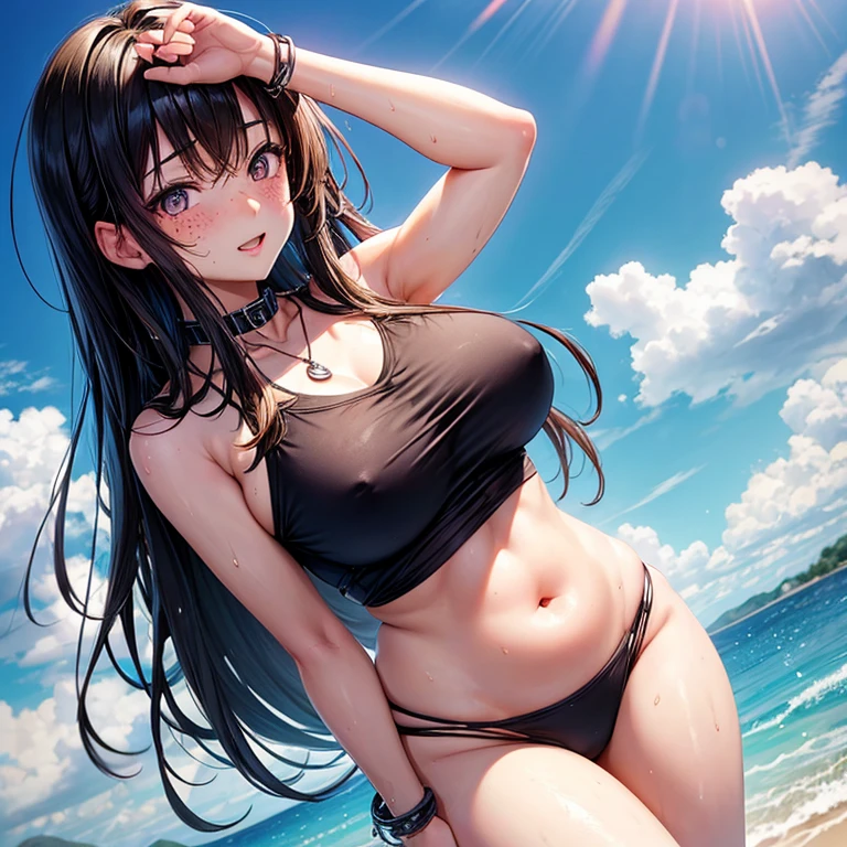 Kaori, Single model, solo, half Asian, half Latino, very long straight black hair, freckles, blushing, wet eyes, long chain pendant, very large heavy breasts, chubby, belly, stretchmarks, sports wear, collar, cuffs