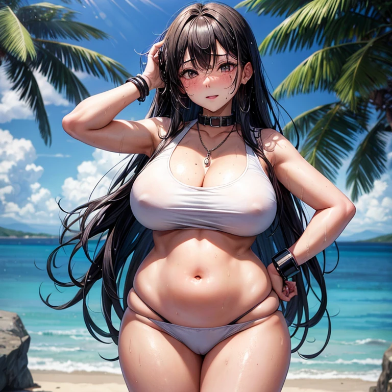 Kaori, Single model, solo, half Asian, half Latino, very long straight black hair, freckles, blushing, wet eyes, long chain pendant, very large heavy breasts, chubby, belly, stretchmarks, sports wear, collar, cuffs