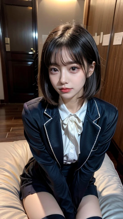 (8k, RAW Photos, Highest quality, masterpiece:1.2), masterpiece, Highest quality, figure, Very detailed, The finer details, High resolution, 8k,wallpaper, Perfect dynamic composition,(Detailed high quality, Realistic depiction of eyes:1.3), The background is a room in a luxury hotel、 uniform、blazer 、Super Short Check Uniform Skirt、Navy blue knee-high socks、garter belt、huge 、Disheveled uniform, Short Bob Hair, Black hair color, hugeな胸, Big Natural Color Lip, Bold sexy pose, (Perfect figure), Crying a little、 Beautiful Makeup,Glitter makeup,The cutest 18 year old, Beautiful feet, Gravure idol pose, Voluptuous thighs