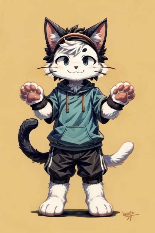 score_9, score_8_up, score_7_up, with Short sleeves , fake animal ears, animal ears, cat ears, paw gloves, cat paws, paw pose, smile, standing, simple background