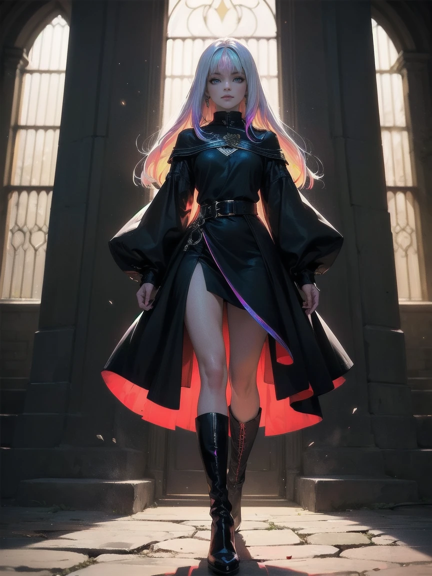Girl with long white hair down to her waist, with small red details, red eyes, long black dress with a leg slit, with red details, long black boots up to below the knees, white skin, the ground around her is cracking and small stones are floating around her surrounded by a black aura, she is surrounded by shadows, and the background is dark like the night with the universe and stars, her presence causes fear, her shadow appears to be a monster, 8k, high quality, full body, (ultra-realistic), {extremely detailed 8k CG unit wallpaper}, expansive landscape photograph, (light: 2.0), (warm light source: 1.5), complex details, (iridescent colors: 1.5), (bright lighting), (atmospheric lighting), surreal, impressive, fantasy, (Solo: 1.2)