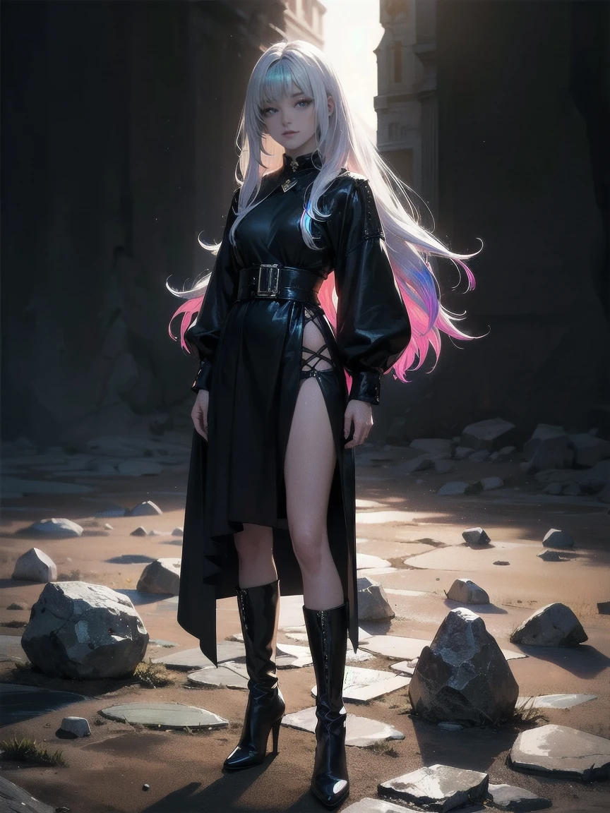 Girl with long white hair down to her waist, with small red details, red eyes, long black dress with a leg slit, with red details, long black boots up to below the knees, white skin, the ground around her is cracking and small stones are floating around her surrounded by a black aura, she is surrounded by shadows, and the background is dark like the night with the universe and stars, her presence causes fear, her shadow appears to be a monster, 8k, high quality, full body, (ultra-realistic), {extremely detailed 8k CG unit wallpaper}, expansive landscape photograph, (light: 2.0), (warm light source: 1.5), complex details, (iridescent colors: 1.5), (bright lighting), (atmospheric lighting), surreal, impressive, fantasy, (Solo: 1.2)