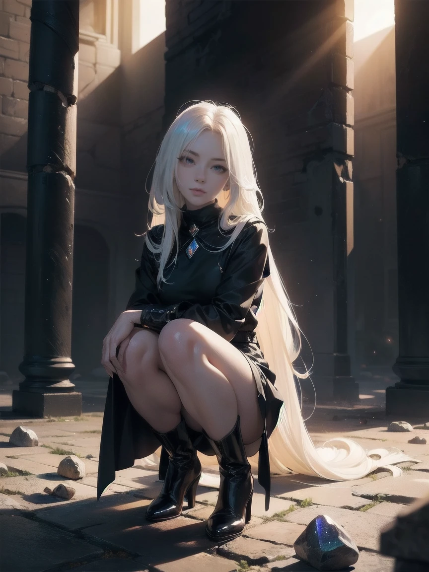 Girl with long white hair down to her waist, with small red details, red eyes, long black dress with a leg slit, with red details, long black boots up to below the knees, white skin, the ground around her is cracking and small stones are floating around her surrounded by a black aura, she is surrounded by shadows, and the background is dark like the night with the universe and stars, her presence causes fear, her shadow appears to be a monster, 8k, high quality, full body, (ultra-realistic), {extremely detailed 8k CG unit wallpaper}, expansive landscape photograph, (light: 2.0), (warm light source: 1.5), complex details, (iridescent colors: 1.5), (bright lighting), (atmospheric lighting), surreal, impressive, fantasy, (Solo: 1.2)