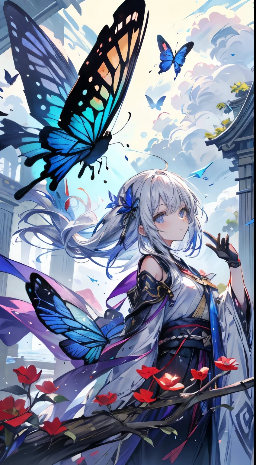 butterfly, magic florest, Wind景, wood, Flowers, Bush, colorful, Vivid colors, Shadow, Contrast, Fantasy, depth, river, bird, Wind, relax atmosphere, Calm, peace,the image pass an peaceful feeling, Beautiful sky,cloud,Light passing through the branches,Bakkolic,relax, after the rain, Life, nature, Complex, Vivid, Old ruins, Broken pillars, no_human, Ancient, Fantasy, heaven, This is a sacred image, the painting pass a Calm feeling,This is the winning image, Images convey synesthesia of softness,Japan holding a sword,butterflyの羽をもつ女の子,Silver Hair,Sword Drawing Technique