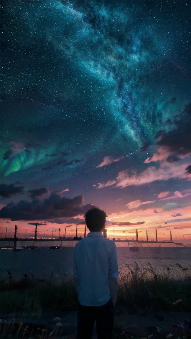 a big of sad boy , anime style,standing near the sea beach in the distance, wearinng simple button shirt with pant from behind,dress colour is visible, shadow of boy, clear back head back body, looking at the vast sky, clouds, sunset colourful sky weather,aurora borealis, milky way, the scene is dominated by vast sky.