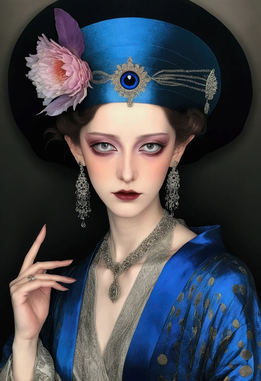 The art of math，Digital Illustration，Drawing，Decorative paintings，Watercolor，(((Harry Clark (Harry Clarke) style,圣地亚哥·卡鲁索style)))，Simple，clean，Fine painting style，(((flattery，Many eyes on the hat。short hair，Pointed ears，robe，Off-shoulder)))，Wide Angle，Black and blue，Solid color background，Human anatomy is correct