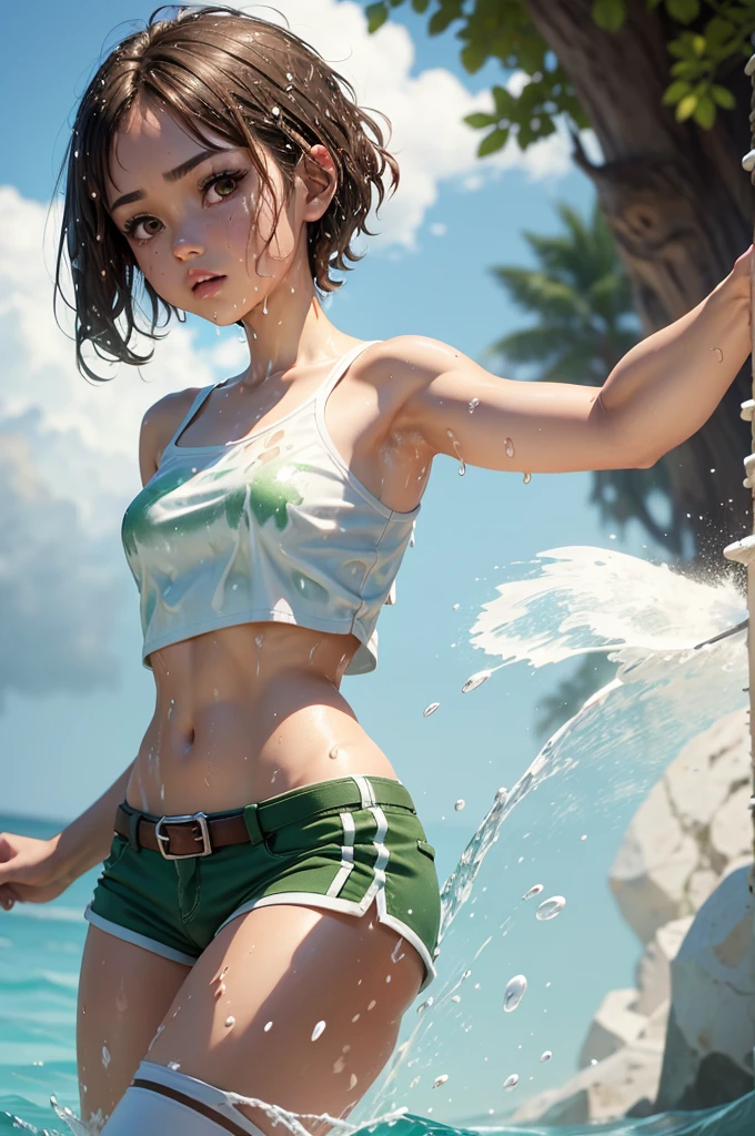 live-action, photo of, A hyper-realistic movie photograph inspired by the character Fern from 'Frieren: Beyond Journey's End',kanne, short hair, brown hair, twintails, (brown eyes:1.3),(masterpiece, best quality), beautiful hair+,kanne, short hair, (brown hair:1.2), twintails, (brown eyes:1.3),shirt, thighhighs, navel, bare shoulders, white shirt, short sleeves, midriff, belt, white thighhighs, crop top, short shorts, clothing cutout, shoulder cutout, ((green shorts:1.1)), (water Splash in the background:1.5)
