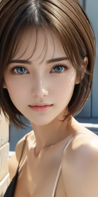 Realistic、Highest quality、Highest quality、masterpiece、Ultra-high resolution、RAW Photos、Realistic、Bright lighting、Face Light、Smooth Professional Lighting、Looking into the camera、alone、Adult female、Beautiful woman、Super Beauty、Realistic肌、Moisturized Skin、Realistic eyes and faces、Perfect model body shape、Beautiful Eyes、Big eyes、Inconspicuous tear bags、slim、Big Breasts、Very good、No makeup、Beautiful fingers、Very short hair、Dark black hair、black eye、seems to be happy、(Both ears are hidden by hair)、(((guardユニフォーム)))、city、guard