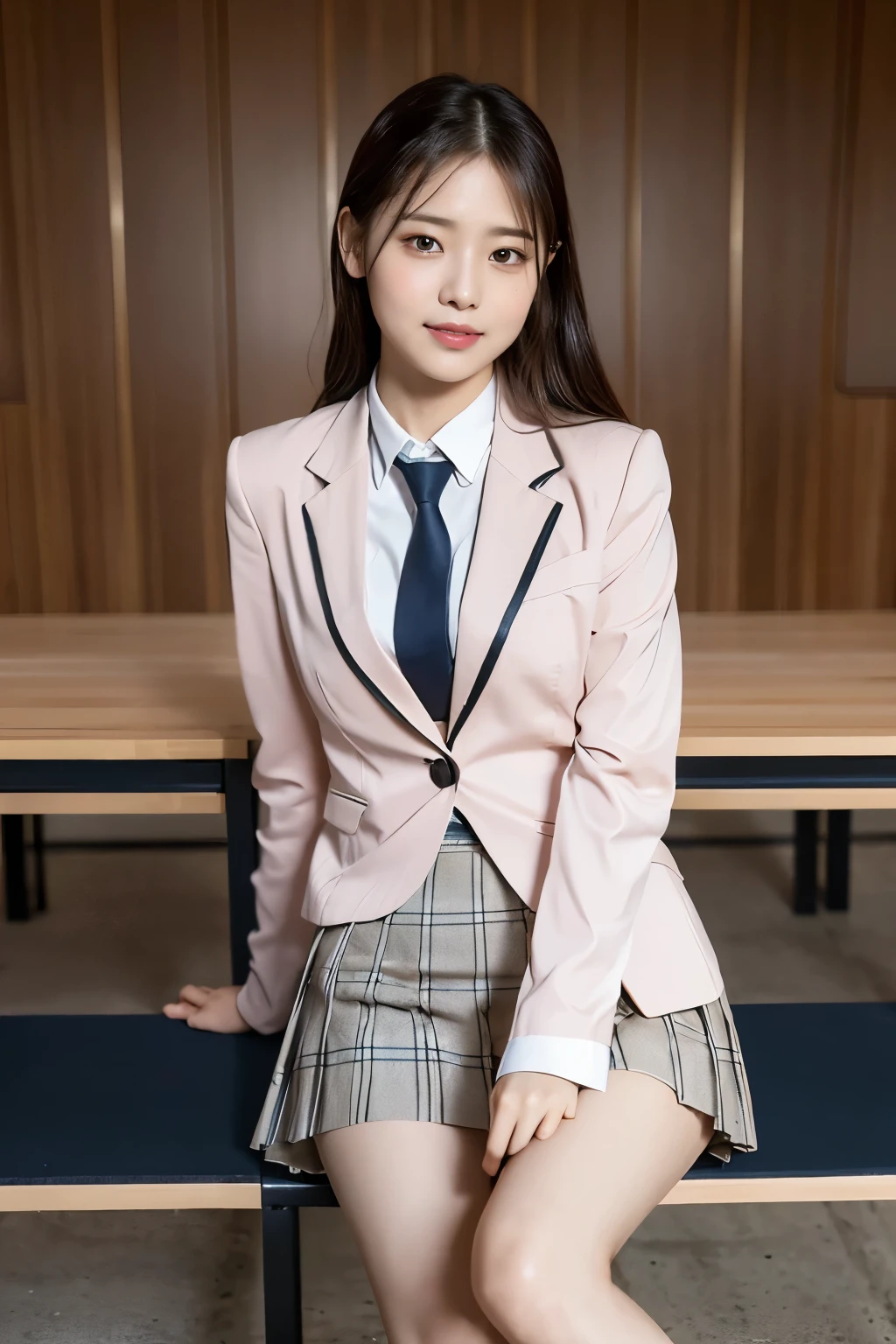 (8k), (highest quality: 1.2), (Realistic), (Realistic: 1.37), Ultra-high resolution, (1 girl), cute, blush,Embarrassed smile, Beautiful details, Beautiful Nose, straight Hair, Giant Dulcefo, pork, Thighs,Self Snap,University Uniforms,(A simple light color blazer:1.4),(Pleated skirt:1.4),(The skirt and tie are black tartan check pattern:1.3),(Sitting:1), Sit on the outside bench,(Shiny 太い legs:1.2),from the front,knees,(脚を閉じて:1.2)