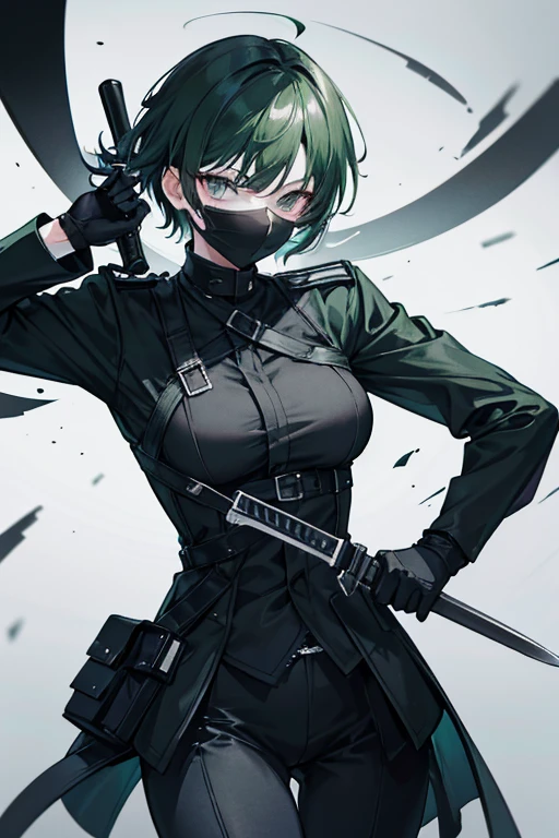 green short-haired Black Uniform A black mask covers his mouth Grey Eyes Equipped with a slightly larger knife Many throwing knives are also equipped on the clothes. woman Twenty years old