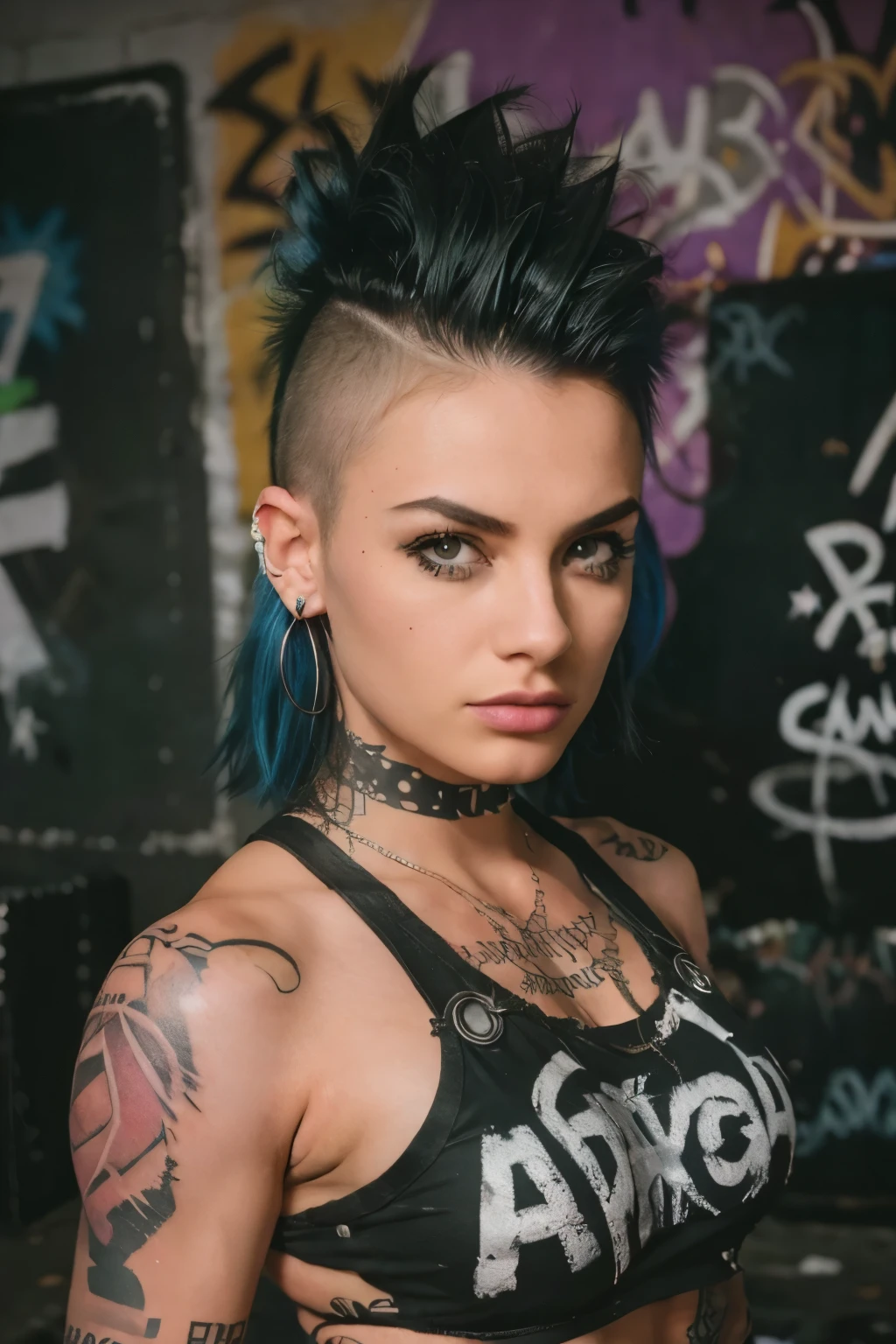 Photorealistic, ultra-detailed, ((side viewer )), ((Rocker punk girl, spiky mohawk hair)) girl, (((hot Bod, Brazilian Girl, ABS, tattoo))), t-shirt nipples, t-shirt Written "666".portrait photo, grunge, Solo, dimly lit room, edgy urban scene with graffiti, dark and moody, late evening, city lights flashing, neon lighting The essence of rock and roll, Spike hair, 18 years old, assertive, confident expression, showcasing multiple piercings, blurry background, analogue style, grunge texture, Best contrast, industrial, Instagram LUT, Professional, 4k, electrifying gaze, shot on Nikon, 50mm, shallow depth of field,  ((Abandoned Graffiti Wall Background, cinematic lighting )).