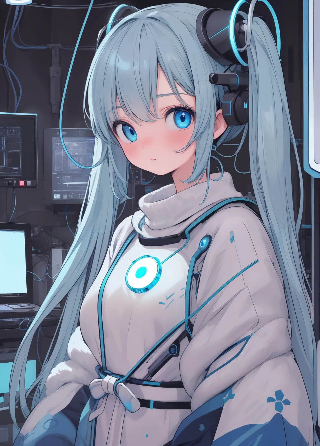 (masterpiece、Highest quality、Highest quality、Official Art、Beautiful and beautiful:1.2)、(One girl:1.3)Hatsune Miku、Twin tails,Beautiful breasts, Katsushika Hokusai, (Highest quality, High resolution, masterpiece:1.2), Very detailed, Realistic:1.37, (Perfect Anatomy),1 girl,Cowboy Shot,Full body portrait,,Woman close up, Cute and perfectly beautiful Japanese idols, 16 year old female model、Transform into a cute cyborg,, (blue led eyes:1.3), (White bioacrylic body:1.2), ,,Detailed connection lines, Wires and cables connected to the head, cybernetics, Cyber 3 Inc., Intricate decorative details, The background is the interior of a robotic operating room..,,Monitor screen