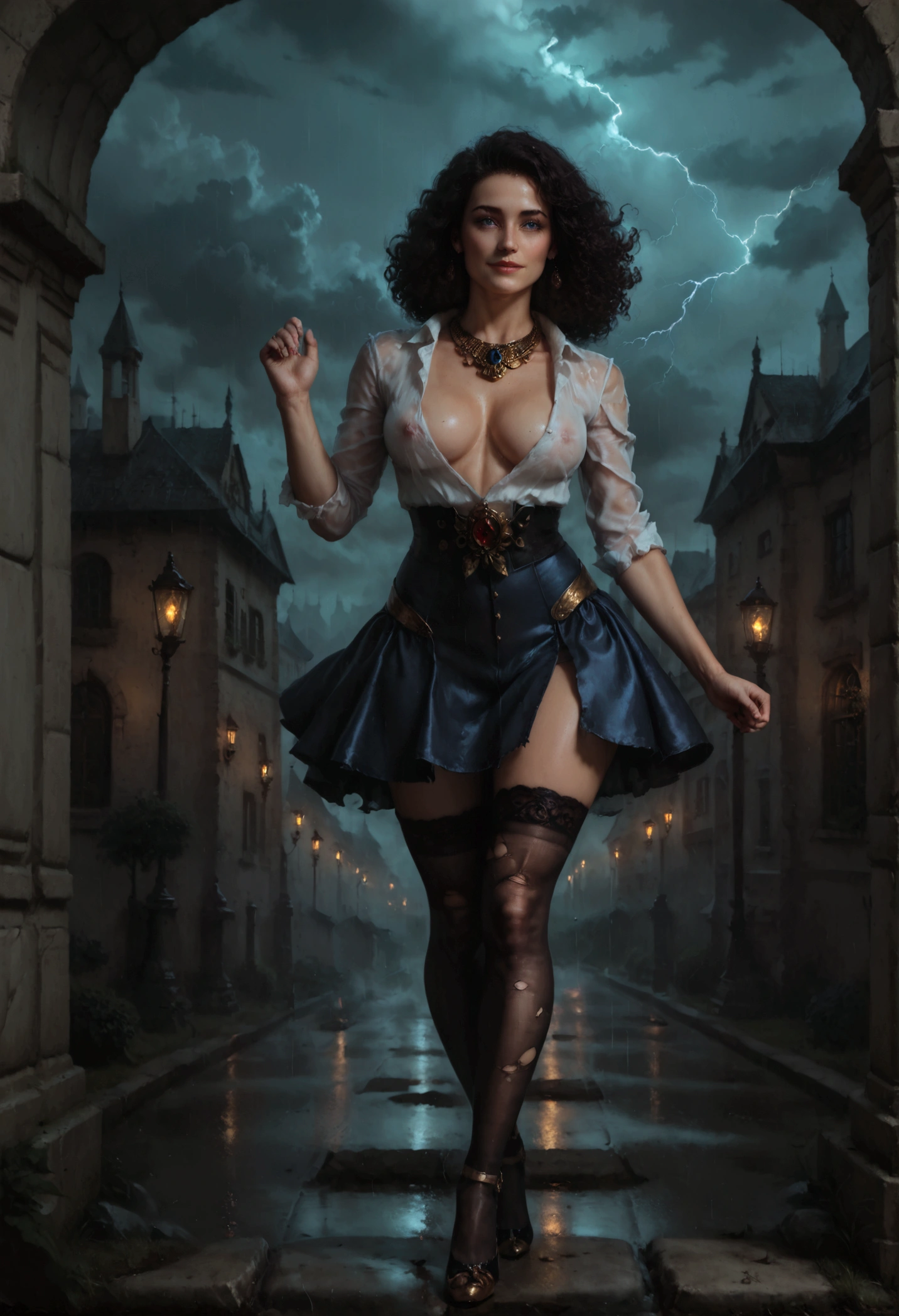 young keira knightley, her dress is blowing up, wearing stockings, stockings, stockings, big tant booobs, curlyy hair, Transparent torn unbuttoned shirt, torn skirt, Transparent wet skirt, heels, naked belly, emotioay on her face, nervous, running away, panicking, storm, downpour, rain, lightning, full body pose, running away, hair blowing in the wind, in a medieval city, fog from which fantastic creatures emerge, dark fantasy theme, attractive, Gorgeous, beautiful, alluring, art by Stephen Gammell, Pino Daheny, Jeremy Mann, Alex Maleev, surrealism, dark art by james jean, takato yamamoto, inkpunk minimalism, realistic colors, hyperrealistic, hdr, delicate detail, highly detailed, masterpiece, very beautiful, adorable, marvelous, exquisite, captivating, alluring, award winning, spectacular, trendy, polished, very cute, glorious, fabulous, excellent, astonishing dark colors, Alasdair McLellan, digital painting; by Daniel Merriam, Nikolina Petolas, Mone, Peter Gric, Dariusz Klimcza full colors, hair backlighting, back lighting, volumetric lighting, 8K, perfect eyes, perfect pupils, expressive eyes, hands by Albrecht Durer, smoke, particle fx, mist, fog, fire, explosions, debris, clouds, smile face Terrifying Decrepit Ancient Egyptian Mummy mermaid Covered in Rags, Insanely Detailed, Hyper Realistic, 32k, uHD, Filigree, Ultra High Resolution, Unreal Engine 5, Trending Art, Cinematic Lighting, Ray Tracing, Gold Ornate Jewels, ROBERTO GONZALEZ,