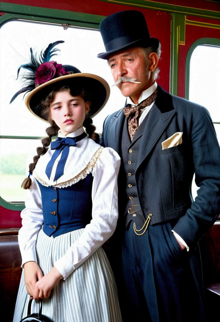 Year 1901. A pretty yo brunette teenage Gibson Girl dry-humped by a horny 69yo gentleman inside a train car. The girl wears a Victorian high-collar long sleeve shirtwaist, floor-length skirt and a wide-brimmed picture hat topped with feathers, ribbons and flowers, gorgeous face, long hair styled into a pompadour. The aged man wears a three-piece business suit with a starched collar and a bowler hat. The girl bites her bottom lip. (((1 man, 1 girl, NSFW))).