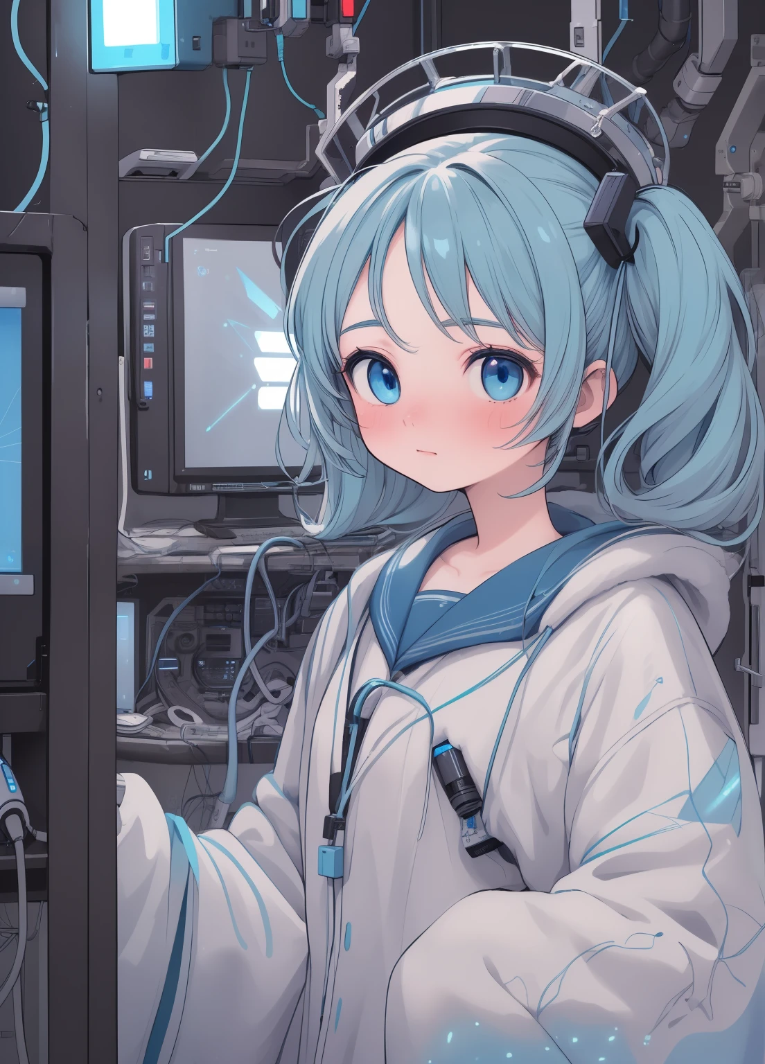 (masterpiece、Highest quality、Highest quality、Official Art、Beautiful and beautiful:1.2)、(One girl:1.3)Hatsune Miku、Twin tails,Beautiful breasts, Katsushika Hokusai, (Highest quality, High resolution, masterpiece:1.2), Very detailed, Realistic:1.37, (Perfect Anatomy),1 girl,Cowboy Shot,Full body portrait,,Woman close up, Cute and perfectly beautiful Japanese idols, 16 year old female model、Transform into a cute cyborg,, (blue led eyes:1.3), (White bioacrylic body:1.2),  ,,Detailed connection lines,  Wires and cables connected to the head,  cybernetics, Cyber 3 Inc.,  Intricate decorative details, The background is the interior of a robotic operating room..,,Monitor screen