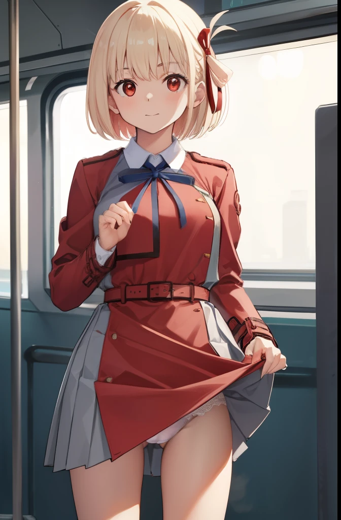 Thousands of miles of brocade, Chisato Nishiki, Short hair, bangs, Blonde hair, (Red eyes:1.5), Hair ribbon, one side up, Bob cut,
BREAK  shirt, Long sleeves, dress, ribbon, White shirt, Collared shirt, belt, Neck ribbon, Red dress, Blue ribbon, Pleated dress, grey dress, Two-tone dresses, Red belt, Lycoris Uniform,BREAK,nsfw,1girl,solo only,blush smile,in heat,standing,(open stance:1.4),(lift skift by self:1.4),show  white panties,cameltoe,pussy juice stain,
BREAK on the train,cowboy shot,from forward,
BREAK looking at viewer, BREAK, (Masterpiece:1.2), Best quality, high resolution, Unity 8k wallpaper, (illustration:0.8), (Beautiful detailed eyes:1.6), Extremely detailed face, Perfect lighting, Extremely detailed CG, (Perfect hands, Perfect anatomy),