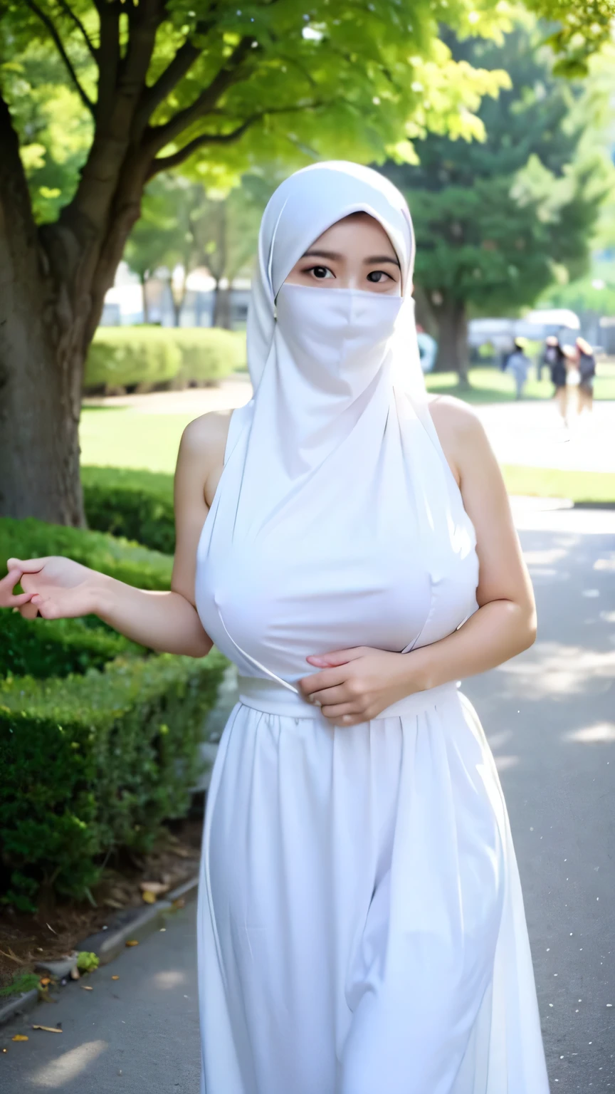 a beautiful young woman hijab, (((super big breast))), (very big breast covered), (Big breast), bare breast, perfect face, (((very huge big breast,))), ((( Big Breast))), white sleeveless long chiffon maxi dress, (((covering mouth, long veil))), Slim Face、25 years old, stil young, Pretty Lady, short body, curvy body, enormous hips, big ass, fat belly, armpit showing, holding her breast, smile eyes, front view, walking in park, (big breast covered)
