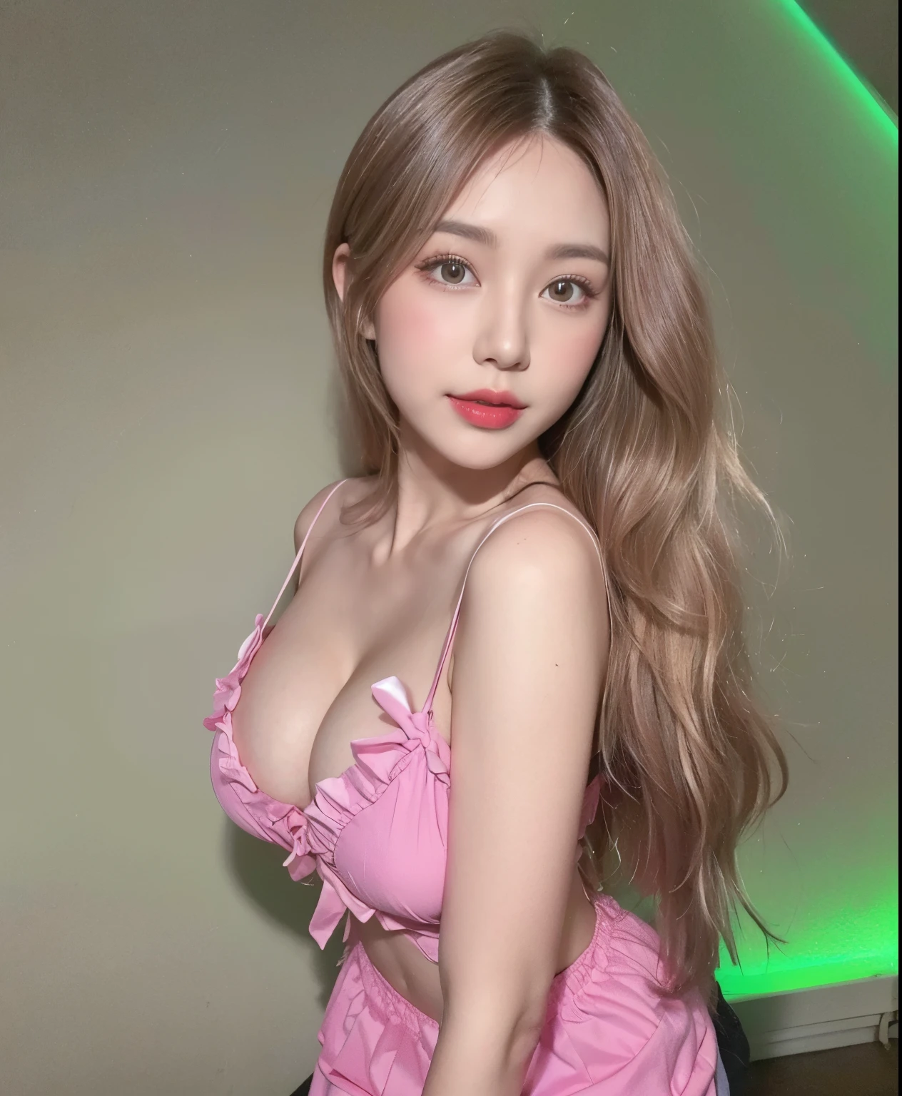 (Realistic, Photorealistic: 1.37), (Masterpiece, Best Quality: 1.2), (Ultra High Resolution: 1.2), (RAW Photo: 1.2, shots on Nikon), (Sharp Focus: 1.3), (Face Focus: 1.37), (Ultra Detailed CG Unified 8k Wallpaper: 1.2), (Beautiful Skin: 1.2), (pale Skin: 1.3), (Hyper Sharp Focus: 1.5), (Ultra Sharp Focus: 1.5), ( Beautiful pretty face: 1.3), (super detailed background, detail background: 1.3), break, very cute and beautiful Japan pictures of woman, (y model), professional attire, (22 years old: 1.1), portrait of a girl with a bright smile, upper body image, When viewed from the front, the composition is symmetrical, (Studio lighting: 1.3), (Cinematic lights: 1.3), (backlight: 1.3), dim lighting, lighting that covers the whole body, (looking straight at you, standing:1.3, arms down:1.3, random, model pose), break, (shiny-brown half up thin hair: 1.2), dark brown eyes, upturned eyes, beautiful eyes, princess eyes, ((brown hair:1.3)), single hair, bangs, Hair between eyes, Long hair, curby, abs, perfect abs, (gigantic-bre37, big breast:1.g cleavage:1.37),aist: 1.15), (detailed beautiful girl: 1.4), (bare shoulder, Chest squeezed together, View viewer, (blue camisole:1.3, black box-long-skirt:1.3, teacher fashion style, attractive look), Solo, Parted lips, pink lips, (shiny skin), sweat, (school room background:1.5), (light seductive smile:1.25), ((Perfect Female Body)), (Upper Body Image:1.3), Frame the Head, Perfect Anatomy, Perfect Proportions, 8.5 Life-Size, Face Focus, Ultra Realistic Photo, Hyper Sharp Image, Hyper Detail Image,