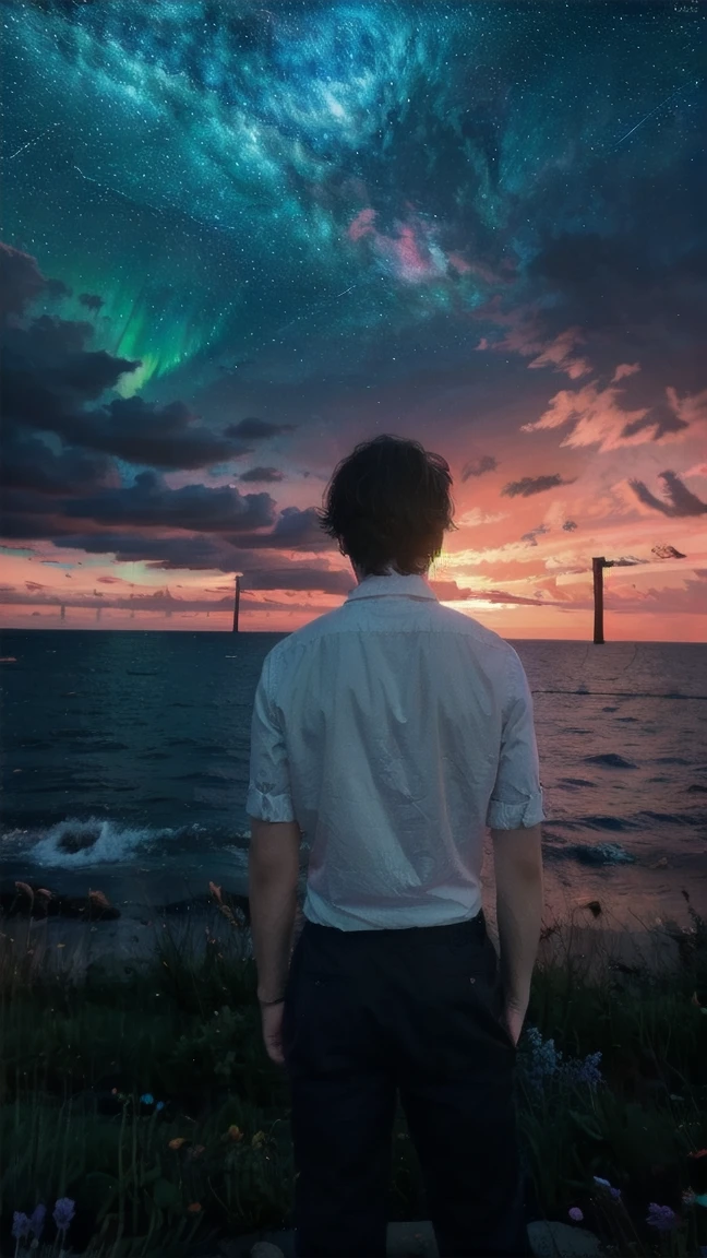 a big of sad boy , anime style,standing near the sea beach in the distance, wearinng simple on shirt with pant from behind,dress colour is visible, shadow of boy, clear back head back body, looking at the vast sky, clouds, sunset colourful sky weather,aurora borealis, milky way, the scene is domiby vast sky.
