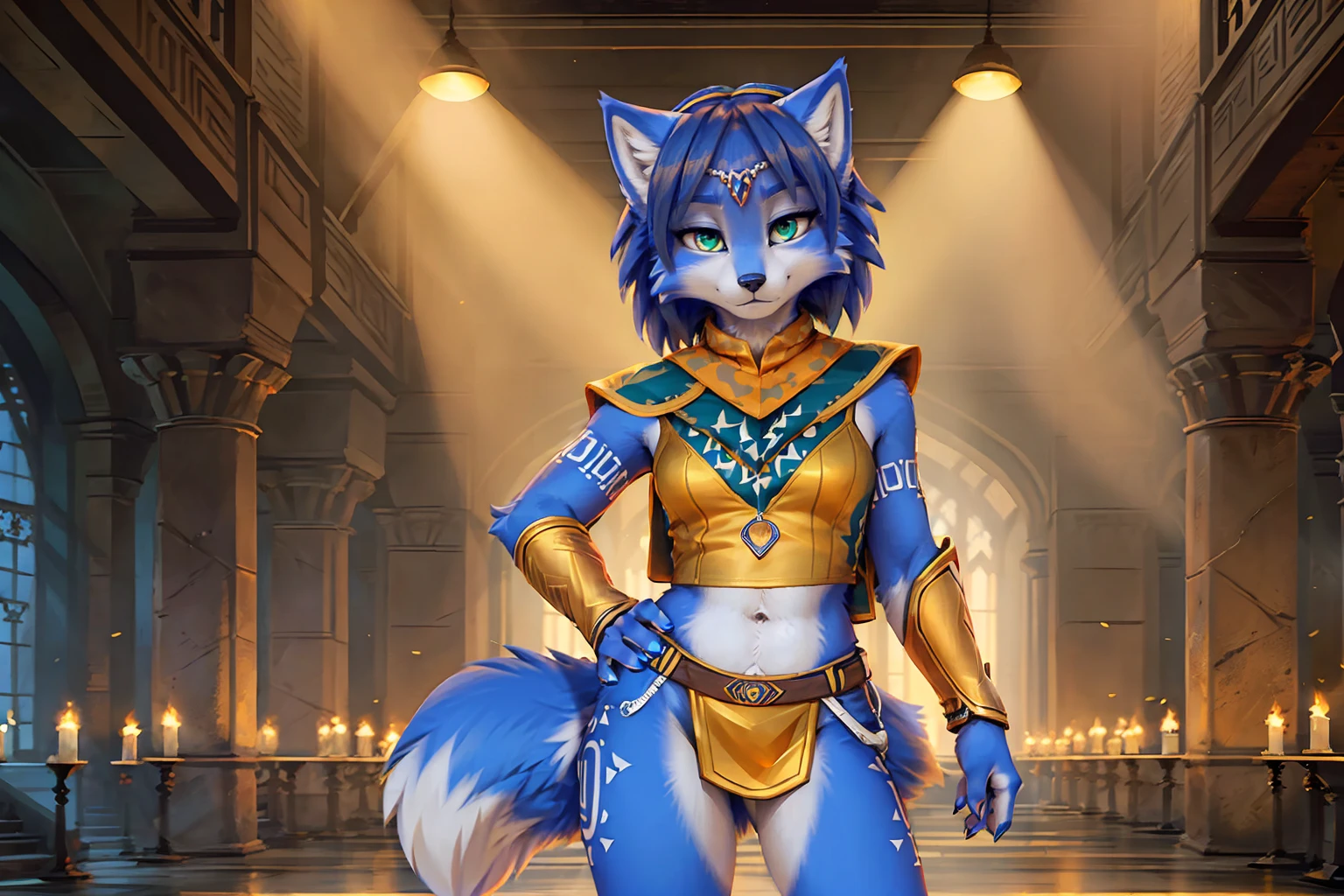 A beautiful and detailed (sweet picture) wa ((krystal)), Star Fox krystal, green eyes, medium breasts, (((Long blue hair 1.3))), anthro, furry, (wa Fluff-Kevlar, Bayard Wu, personalize me, Pino Daeni), detailed fluffy fur, detailed face, (fluffy), 1 girl, alone, hair cover one eye:1.4, wears tribal clothing with leather armor, wears tribal top with leather armor, steht in der großen halle wa hogwarts:1.4, (((she stands next to severus snape:1.3)))