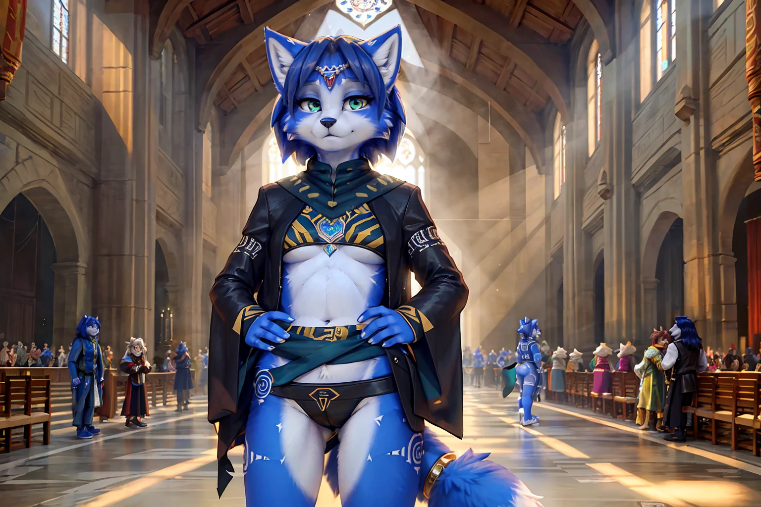 A beautiful and detailed (sweet picture) wa ((krystal)), Star Fox krystal,  green eyes, medium breasts, (((Long blue hair 1.3))),  anthro, furry, (wa Fluff-Kevlar, Bayard Wu, personalize me, Pino Daeni),  detailed fluffy fur, detailed face, (fluffy), 1 girl, alone, hair cover one eye:1.4, wears tribal clothing with leather armor, wears tribal top with leather armor, steht in der großen halle wa hogwarts:1.4, (((she stands next to severus snape:1.3)))