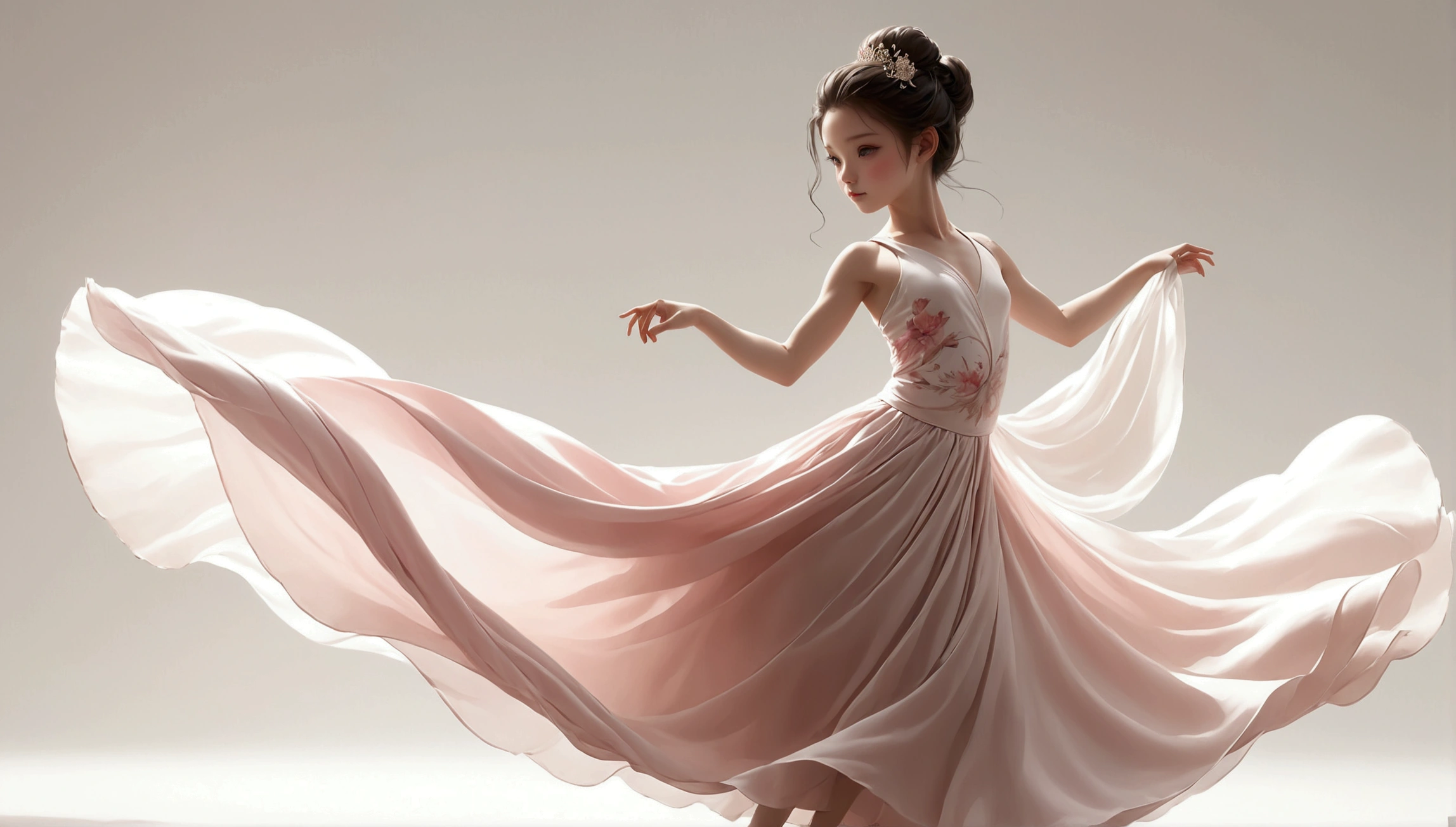 Dance photography；A dancer，Solitary；A little girl in a gorgeous long dress，Princess dress，Chinese style skirt，pink，Conservative style，Smudged skirt hem；Dancing moves；elegant，Flexible skirt；Long hair shawl。Full body view，front； Simple style；Minimalism。White background，Pure white background；Panoramic photography；Depth of Field, Extraordinary details, masterpiece, high quality, 4K，cinematic lighting, motion blur, depth of field, sparkle, ray tracing, reflection light, anatomically correct, uhd, textured skin, best quality, super detail, highres, high details, accurate, high quality, award winning。
