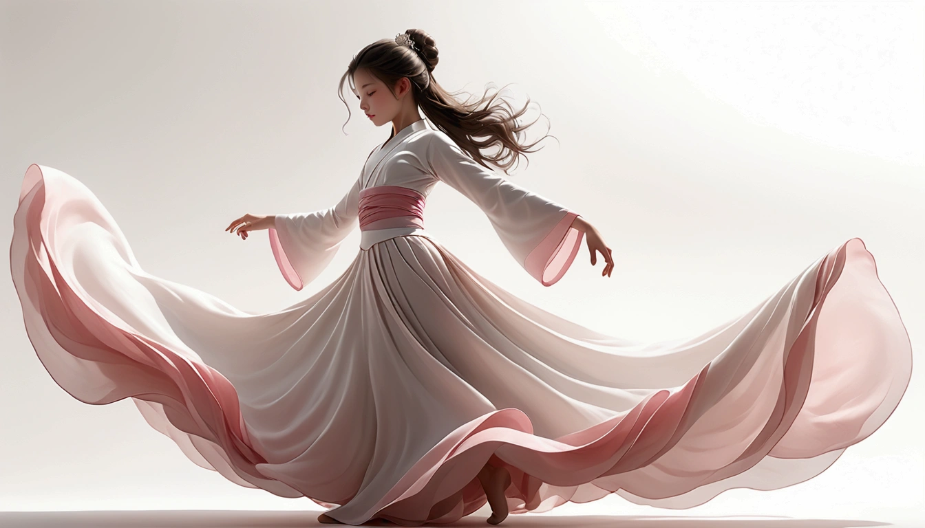 Dance photography；A dancer，Solitary；A little girl in a gorgeous long dress，Princess dress，Chinese style skirt，pink，Conservative style，Smudged skirt hem；Dancing moves；elegant，Flexible skirt；Long hair shawl。Full body view，front； Simple style；Minimalism。White background，Pure white background；Panoramic photography；Depth of Field, Extraordinary details, masterpiece, high quality, 4K，cinematic lighting, motion blur, depth of field, sparkle, ray tracing, reflection light, anatomically correct, uhd, textured skin, best quality, super detail, highres, high details, accurate, high quality, award winning。