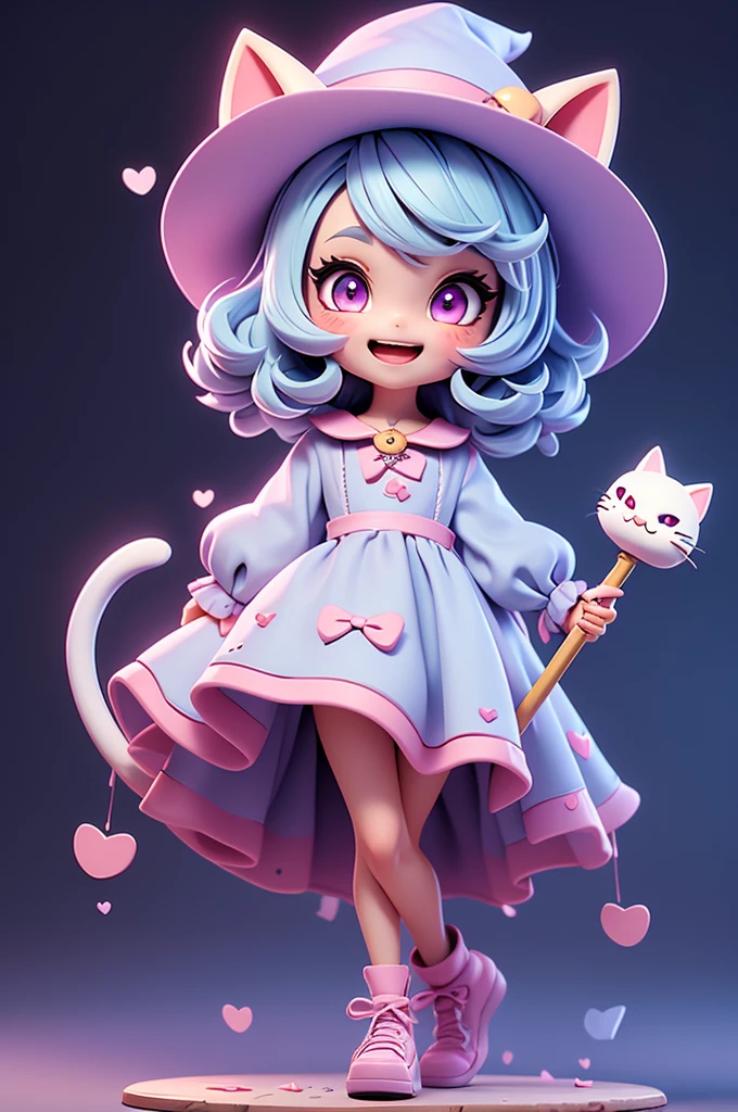 A cute  witch with a feline and mischievous look, tiny, pink eyes, witch hat, cat mouth, cuteness, holding a staff, fun look, messy, lively, smiling, chibi, tiny, short, light blue hair, grayish purple dress #6e5375, clothes with brown straps, leather clothes, hair tied in pigtails tied at the ends, big witch hat, , comforting.