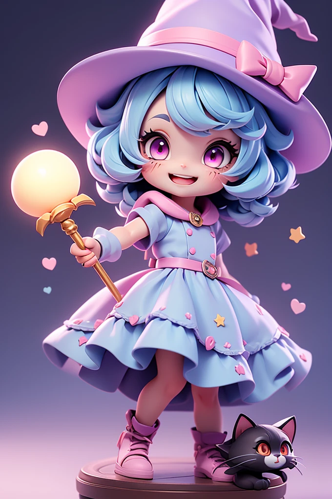 A cute little witch with a feline and mischievous look, tiny, pink eyes, witch hat, cat mouth, cuteness, holding a staff, fun look, messy, lively, smiling, chibi, tiny, short, light blue hair, grayish purple dress #6e5375, clothes with brown straps, leather clothes, hair tied in pigtails tied at the ends, big witch hat, , comforting.