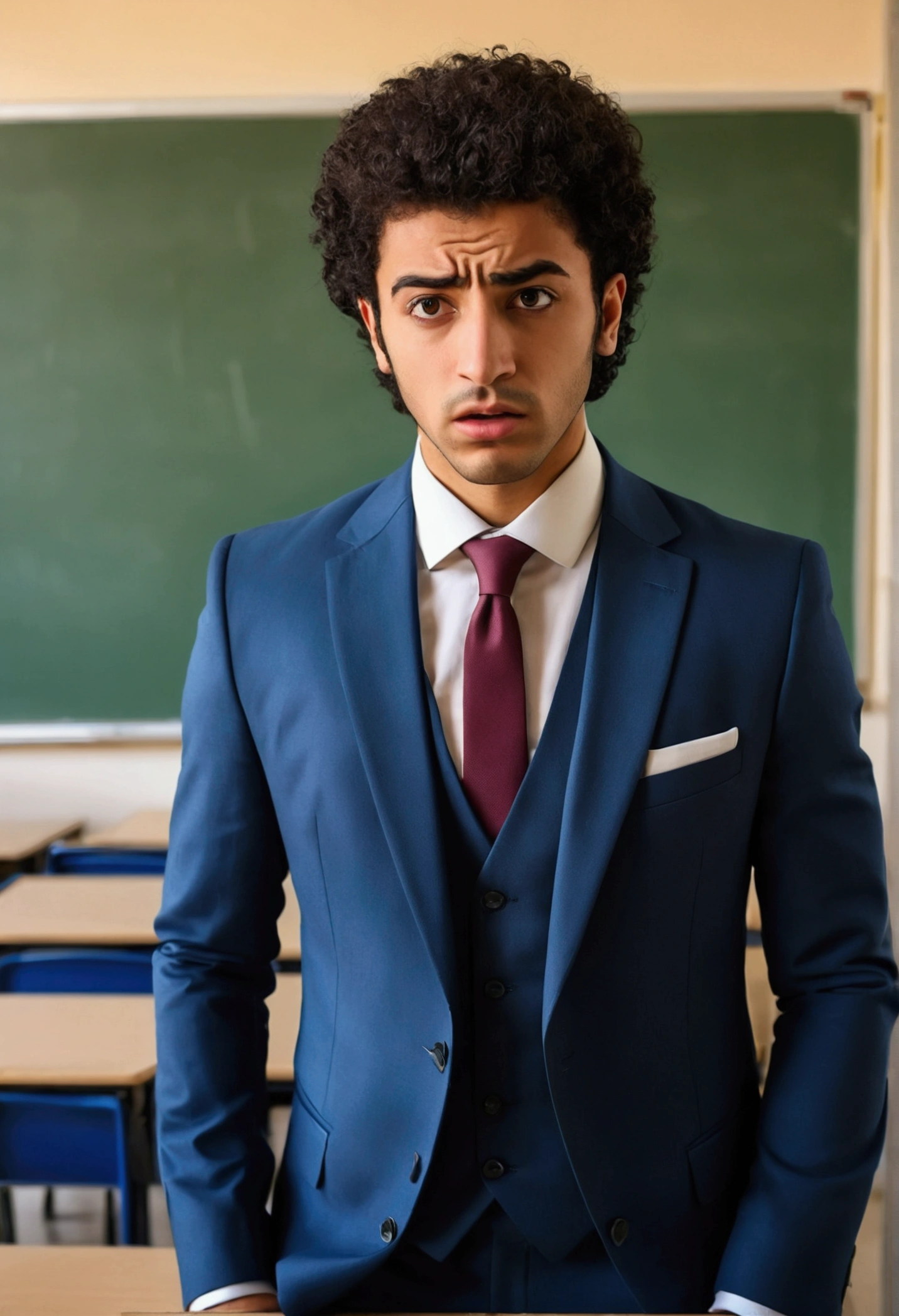 egyptian guy Dressed in a tailored suit, facing the viewer in the classroom and making an argument, a desperate formality, Professional, committed, high-quality portrayal,