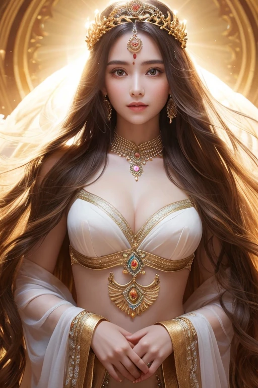 Goddess of Love and Light Majestic radiance, clear skin and lustre々A beautiful face with long hair and looking straight ahead Shining with overwhelming power