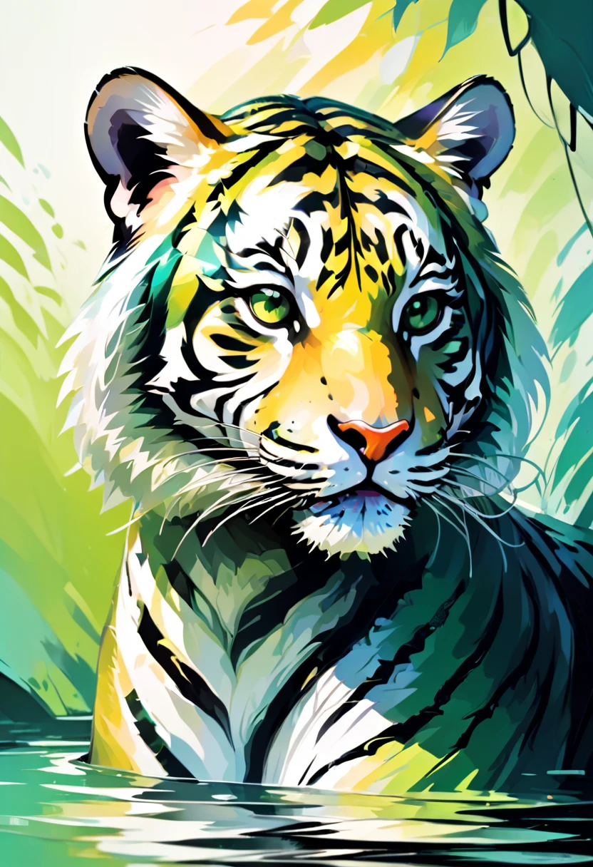 Tiger head in black and white, sharp edges, bright green eyes, Background abstract in pastel colors