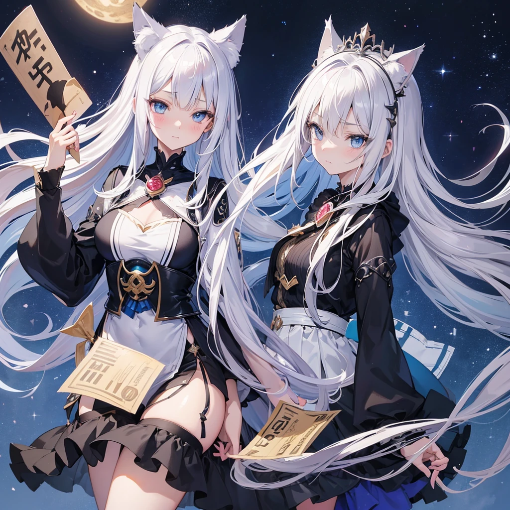 a beautiful anime girl with anatomically correct detailed facial features, long silver hair with cat ears, blushing face, blue eyes, elegant headdress, holding a sign that says "give me money", in a starry night sky background, best quality, 4k, 8k, highres, masterpiece, ultra-detailed, realistic, photorealistic, vivid colors, studio lighting