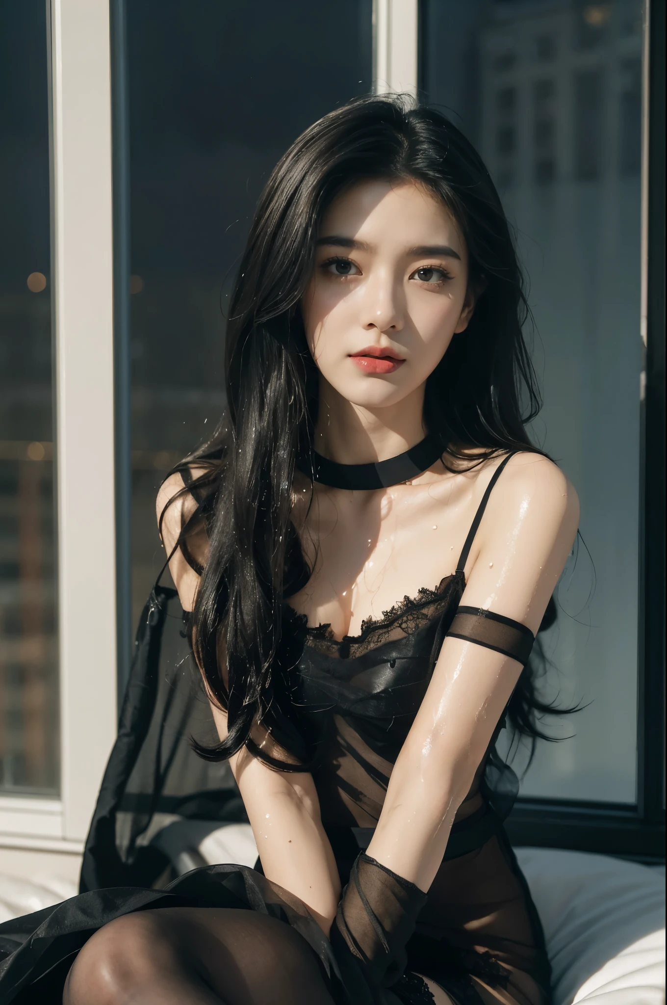 (((best quality))),(((ultra detailed))),(((masterpiece))),illustration,((a beautiful girl,solo)),(dog collar:1.2),((slim,thi)),((small breasts,flat chest)),(((sweat,wet))),(sitting:1.3),in bedroom,((violent storm, glass window, shaking, rain, wind, hugging herself, clock, wall, calendar, bed)), soft covers, tenderness,(shoulder length straight bob hair:1.2), deep eyes, mix of emotions,(flowing black sheer dress:1.3),(black stockings:1.3), billowing, face serene, hint of melancholy, dimly lit room, lightning, illumination, shadows, dancing walls, gentle smile, relief, inner turmoil, calm composed, gazing into darkness, thoughts of love, storm metaphor, chaos, solace, arms of beloved, love story, ups and downs, pain and joy, souls bound by fate, enduring, stormy weather,(night scene:1.3),((from front,upper body))