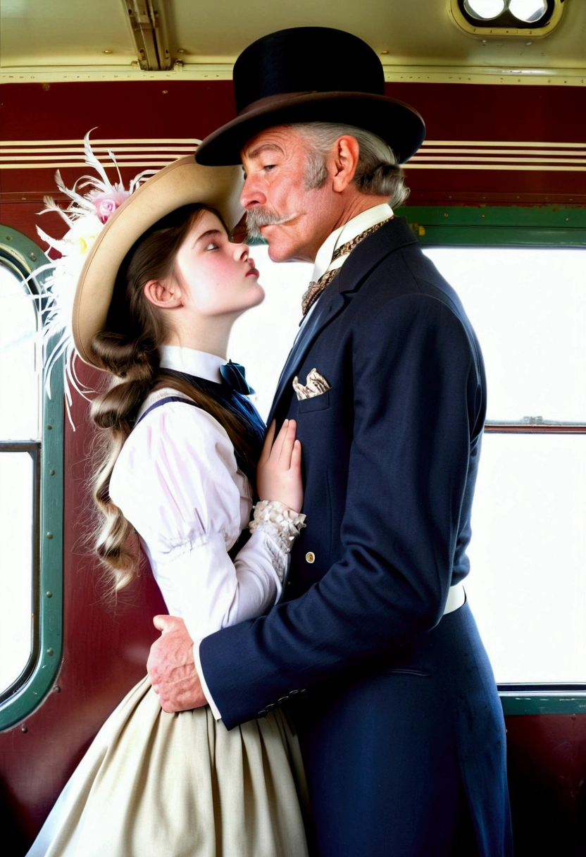 Year 1901. A pretty 14yo brunette teenage Gibson Girl dry-humped and fondled by a horny 69yo gentleman inside a train car. The girl wears a Victorian high-collar long sleeve shirtwaist, floor-length skirt and a wide-brimmed picture hat topped with feathers, ribbons and flowers, gorgeous face, long hair styled into a pompadour. The aged man wears a three-piece business suit with a starched collar and a bowler hat. The girl bites her bottom lip. (((1 man, 1 girl, NSFW))).