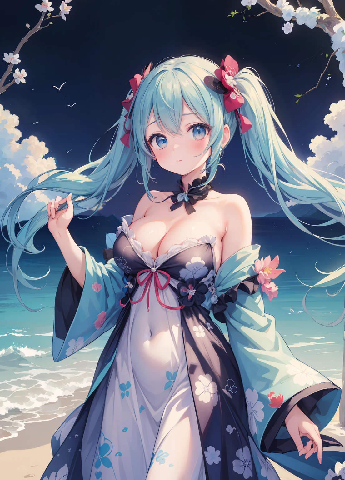 (masterpiece、Highest quality、Highest quality、Official Art、Beautiful and beautiful:1.2)、(One girl:1.3)Hatsune Miku、Twin tails,Beautiful breasts, Katsushika Hokusai, Highest quality, masterpiece, High resolution, Photorealistic, RAW Photos, 8k wallpaper, perfection, Professional Lighting, Very detailed, ((One beautiful woman)), Sexy Woman, ((Gorgeous blue printed dress)), Cleavage, Upper Body, ((look into the viewer&#39;Eyes)), Detailed face, Beautiful Eyes, ((Look forward)), Stylish dining room, sunny, bangs, Shapely breasts, Short Bob Hair, Plump and glossy lips, Cowboy Shot, ((Place your arms between your legs))