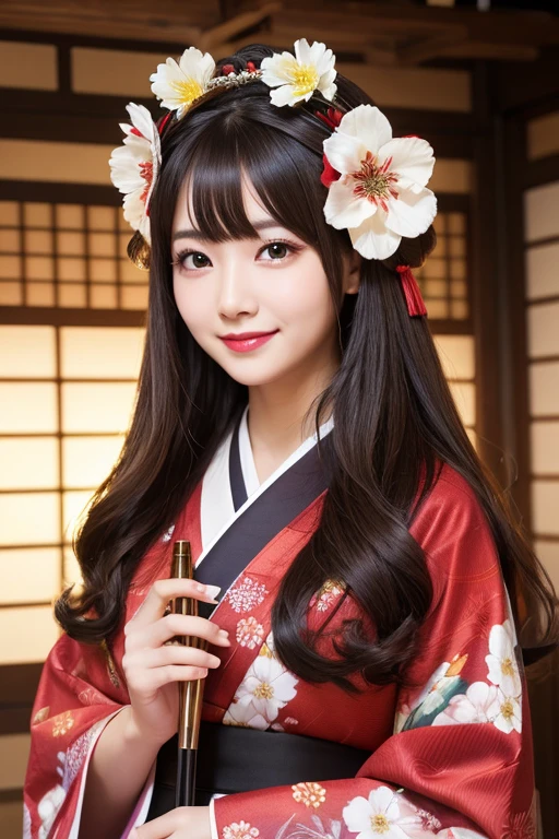 1girl, solo, long_hair, looking_at_viewer, smile, brown_hair, black_hair, hair_ornament, red_eyes, original, brown_eyes, holding, flower, japanese_clothes, hair_flower, kimono, indoors, nail_polish, makeup, floral_print, lipstick, bug, headdress, hair_stick, pipe, kiseru, holding_pipe, comb