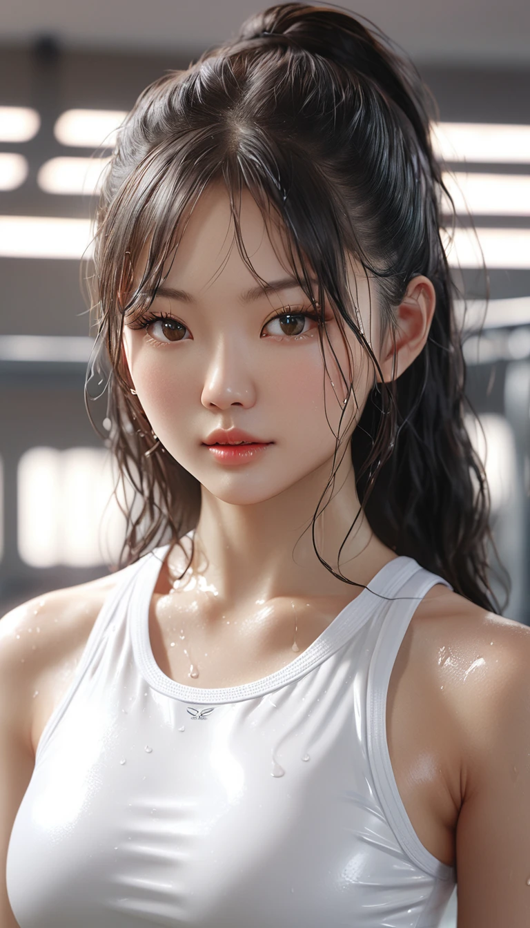 Jennie Kim in wet white gym wear, Wet white shirt, Realistic, 4k Realistic, Soft lighting, detailed, Real Full HD