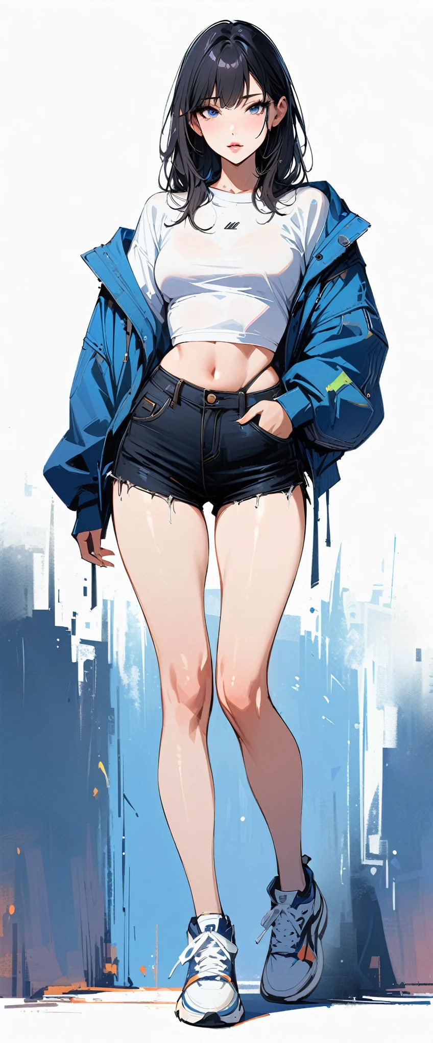 (masterpiece, best quality:1.2), 1 girl, beautiful detailed eyes, beautiful detailed lips, extremely detailed face, long eyelashes, sexy, blue jacket, cutoff-jeans, cowboy shot, black hair, white top, full body view, sneakers, standing