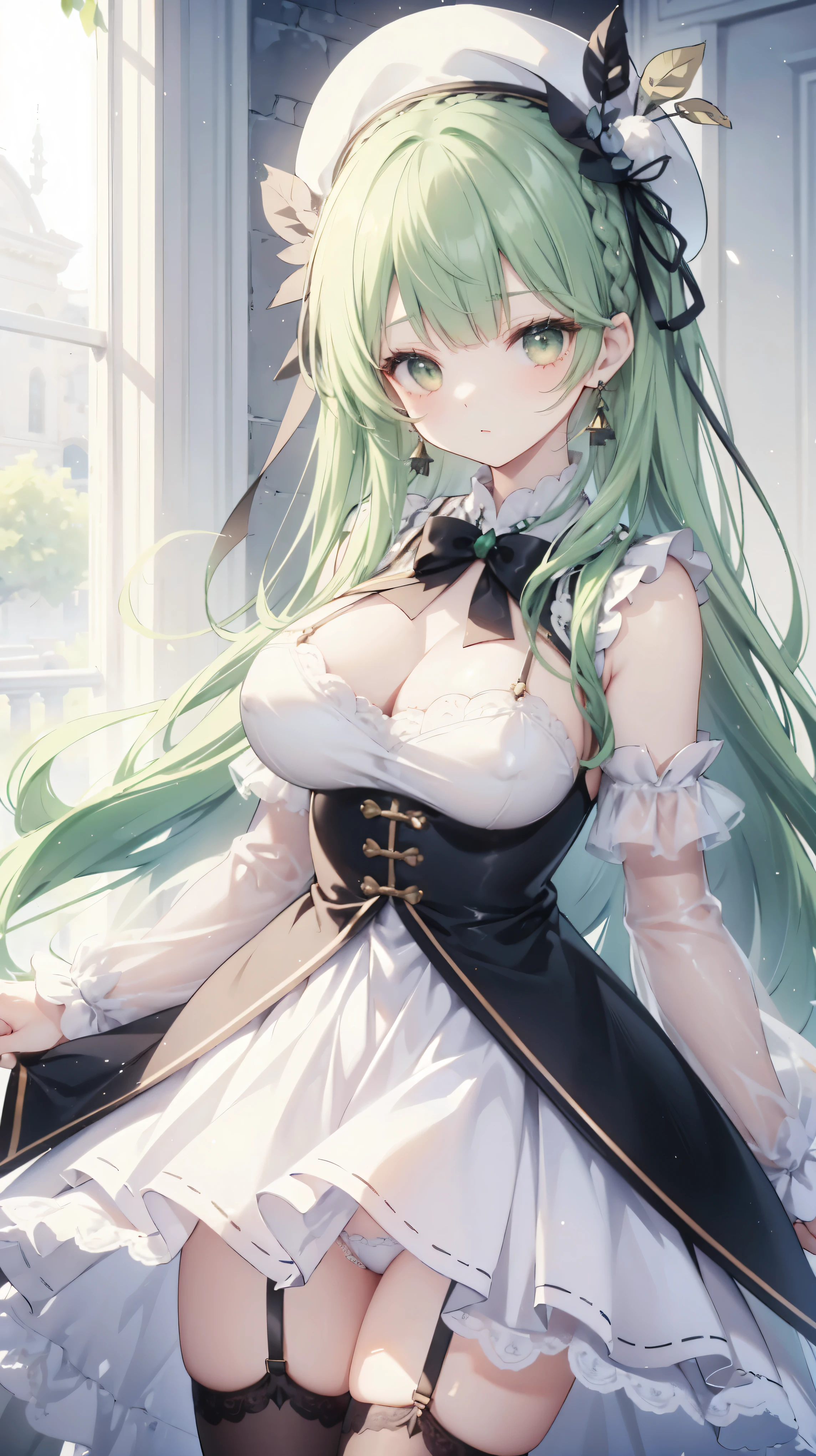 Forest green hair、long hair、Braid、Straight bangs、earrings、Round eyes、Golden Eyes、White Beret、Black Ribbon、Shoulder Bare、side、Big Breasts、White clothes、skirt、Dark green decoration、Black tights、garter belt、See-through、Italian town