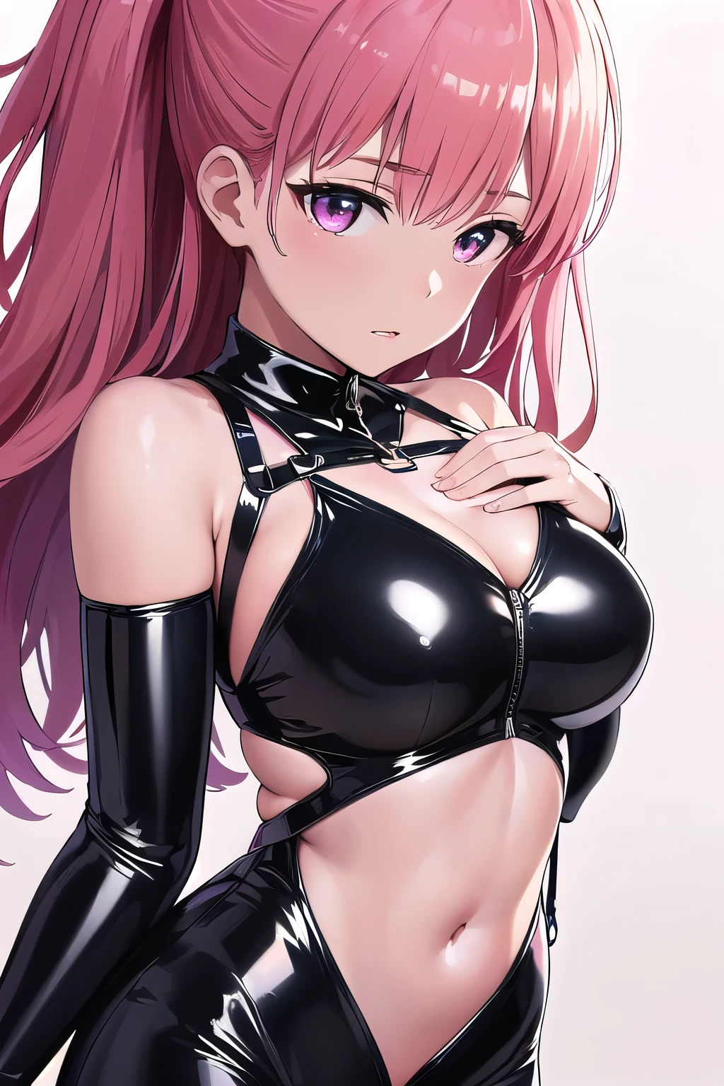 (8K, top-quality, masterpiece:1.2), (reallistic, Photorealsitic:1.37), Super Detail, One girl,), (Highly detailed), (beautifully detailed eyes), (of the highest quality), (super detailed ), (masterpiece), (Detailed face),20yr old, ,1 girl, ((pink hair,long hair)), medium breasts, clothed, Perfect Lighting, BREAK (black catsuit:1.5), (shiny latex:1.4), (skin-tight:1.5), (plunging neckline:1.1), burgundy accents, (strappy bralette:1.2), (high heels:1.2), (over-the-knee boots:1.2), gold jewelry, (chain necklace:1.1), glamorous, futuristic, (bold silhouette:1.2), (pink harness on chest and belly: 1.4), BRAKE (upper body to thighs:1.4), (long pink hair:1.1), loose waves, (soft smile:1.1), (gentle gaze:1.1), (straight angled pose:1.1), (relaxed hands by sides:1.1), (bright white background:1.1), (soft, diffused lighting:1.1)