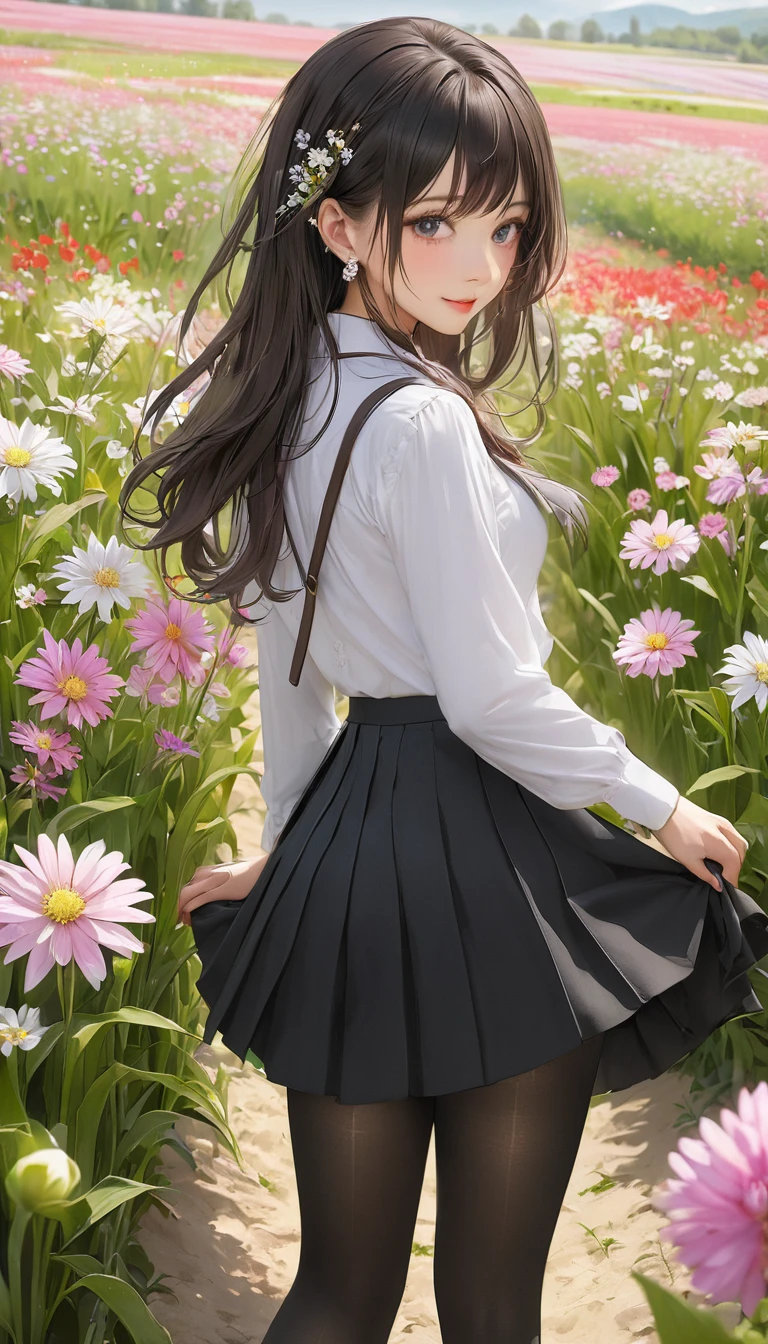 (masterpiece), (Highest quality), (Very detailed),Black Pantyhose, skirt, ear,Are standing, Flower Field,