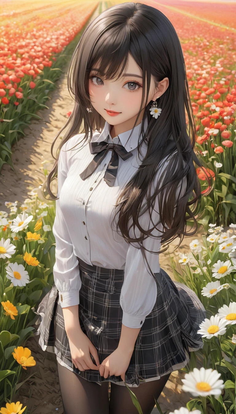 (masterpiece), (Highest quality), (Very detailed),Black Pantyhose, skirt, ear,Are standing,  Flower Field,