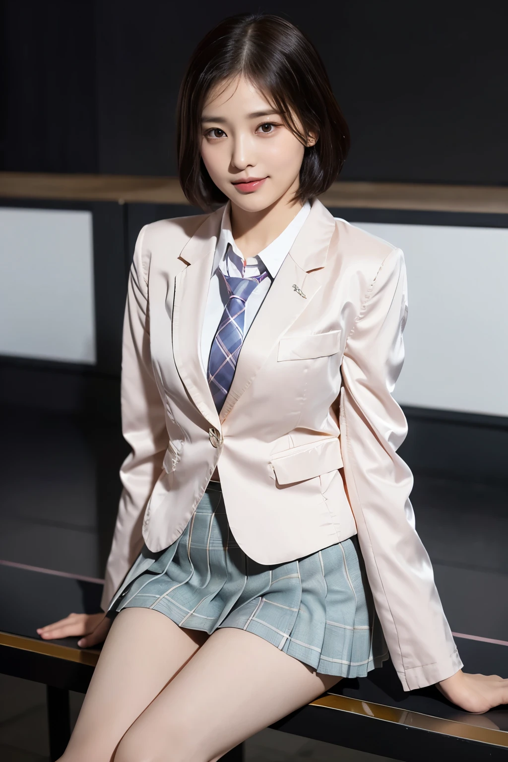 (8k), (highest quality: 1.2), (Realistic), (Realistic: 1.37), Ultra-high resolution, (1 girl), cute, blush,Embarrassed smile, Beautiful details, Beautiful Nose, (straight silky short Hair,:1.5), Giant Dulcefo, pork, Thighs,University Uniforms,(A simple light color blazer:1.4),(Pleated skirt:1.4),(The skirt and tie are black tartan check pattern:1.3),(Sitting:1), Sit on the outside bench,(Shiny 太い legs:1.2),from the front,knees,(脚を閉じて:1.5),(顔にクローズアップ:1.2)