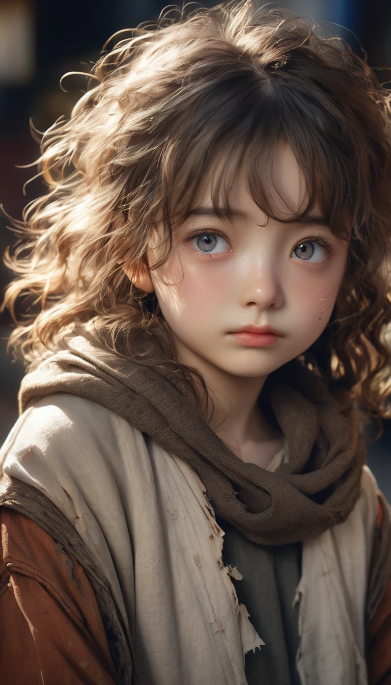 (Model shooting style), Sad little homeless girl ((Wearing old and torn clothes)), (shy), One girl, alone, Brown, curly, and messy hair, Highly detailed face, Beautiful Eyes, [Chubby], Adorable, Rosy cheeks and bright, Lonely Eyes, Amazingly beautiful, (Rembrandt Lighting), Zeiss Lenses, Ultra-realistic, (Skin with attention to detail:1.2), 8K Ultra HD, Digital SLR, Dramatic Rim Light, high quality, Fujifilm XT3,
