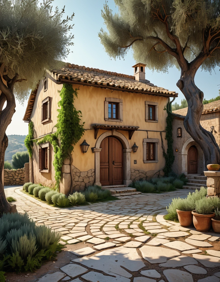 medium shot close up of an old small urban polished stone house shaded by an olive tree with a brown roof, the house stands behind a weathered concrete wall with wooden gate and a worn and cracked asphalt path and half-covered with gravel at the ends along a small cobblestone roundabout with a garden inside, right proportion, perfect composition, high wall in the background, cinematic, midday, fantasy house, cinematic, extremely detailed, stylized 3d render, stylized 3d rendering, beautiful fairytale render, amazing, rustic architecture, beautiful 3d render, hyper-maximalism, vray tracing, octane render, hdr, 32k