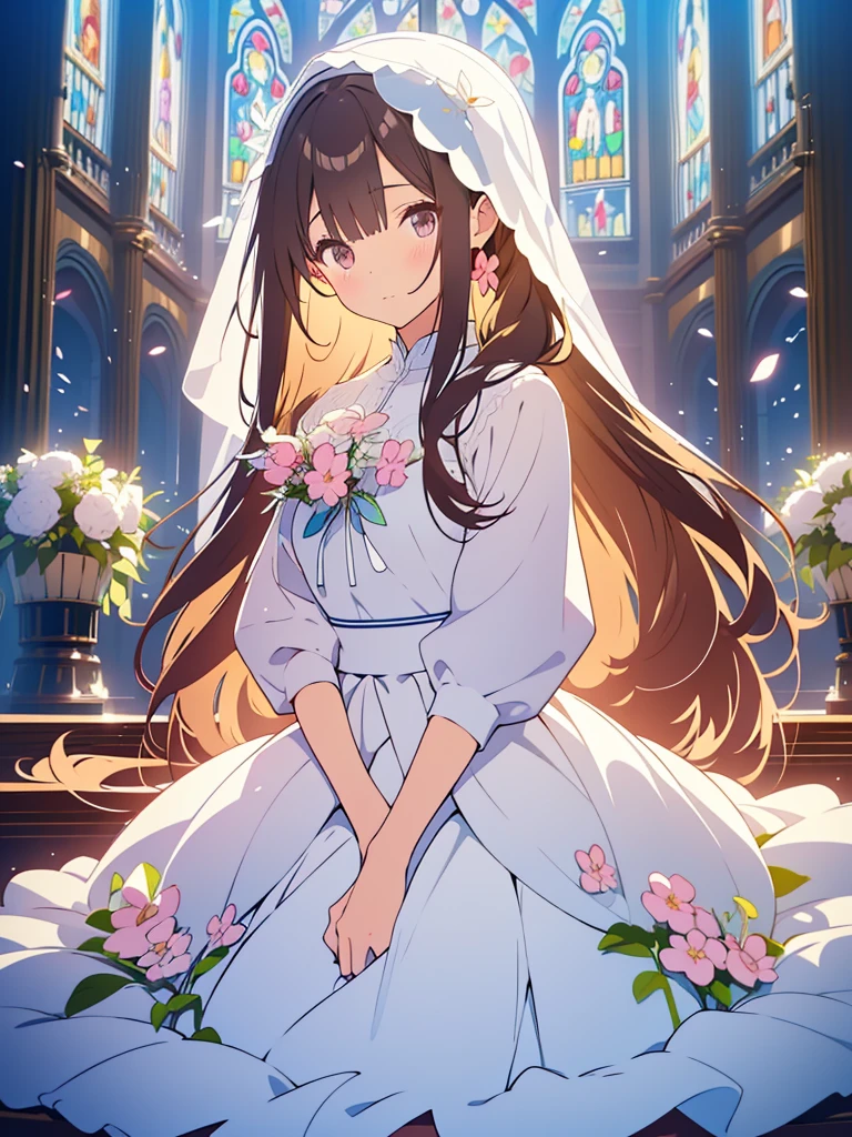 kawaii, anime, Cute, hyper quality, highly detailed, 8k, Clarity, Draw facial expressions in detail, dark brown long hair girl, whole body, Close ~ eyes, white viburnum, pure white wedding dress, wear a veil, holding a bouquet of white viburnums, stained glass church, pray, light shines in, goddess statue, look back, pure white dress, White flower, it's snowing, 	